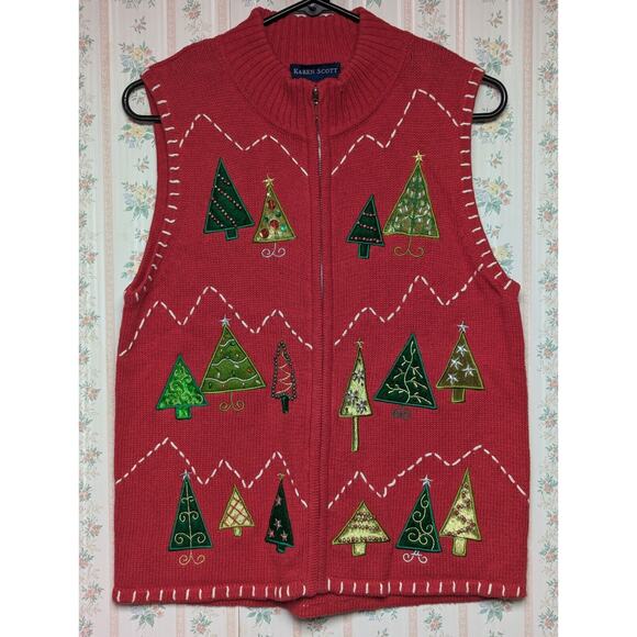 Karen Scott Christmas Tree Sweater Vest WOMENS SMALL red full zip festive ugly - Picture 1 of 9